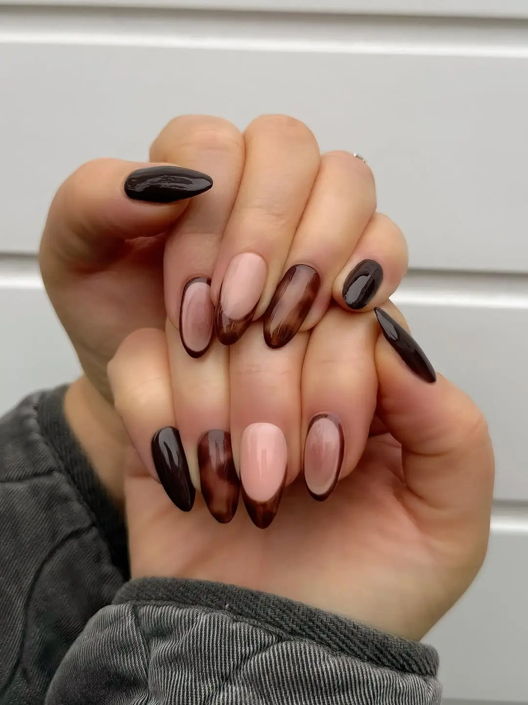 Fall gel nails ideas 2026 Smoky Chocolate Glass Nails With Soft French Details