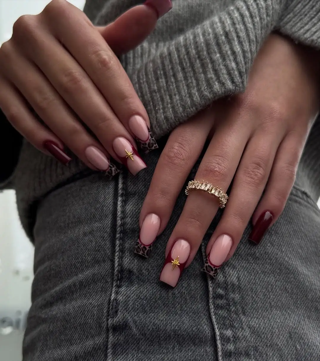 fall long nails 2026 Leopard Tips With Burgundy and Gold Details