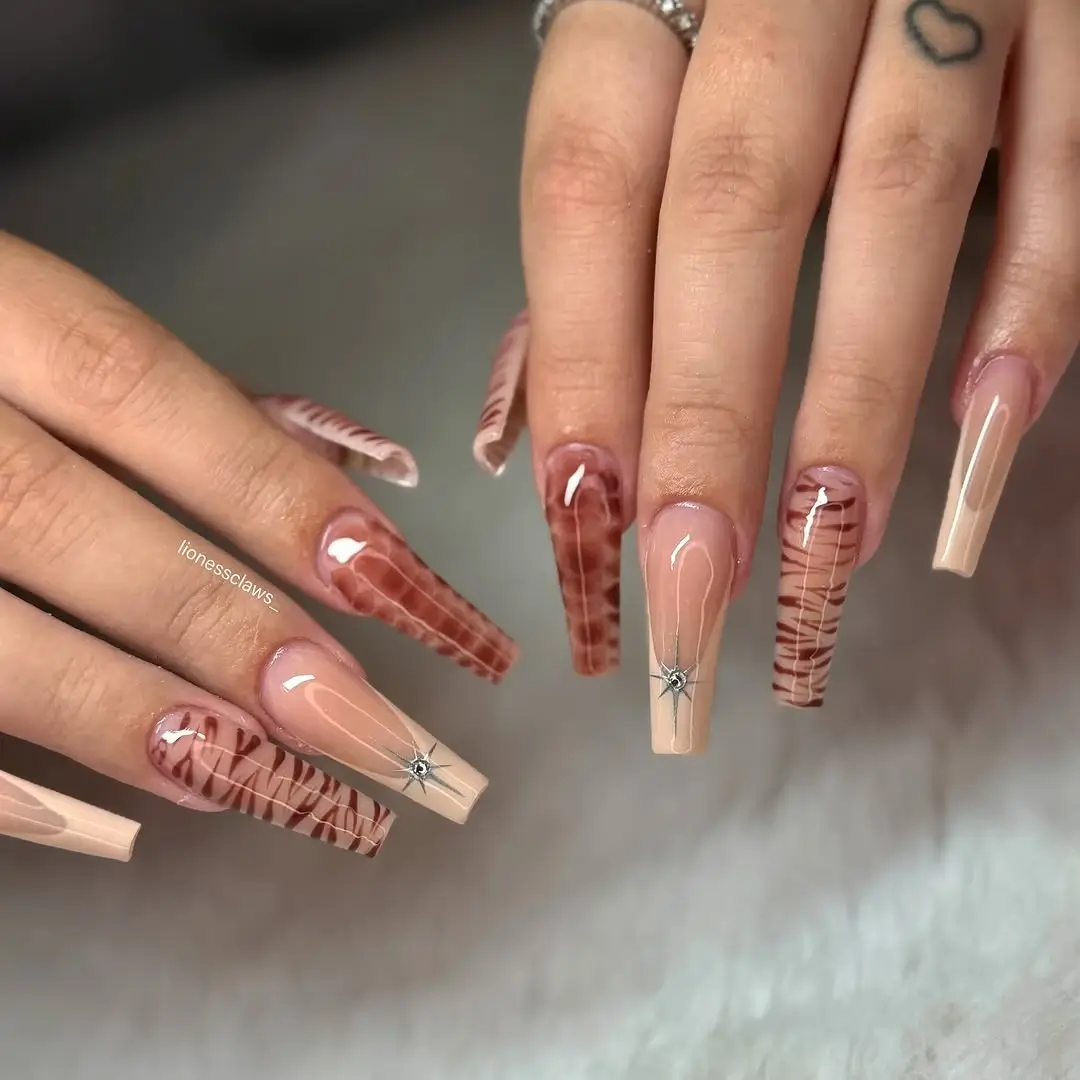 fall long nails 2026 Sheer Nude and Brown Plaid With Metallic Sparkle