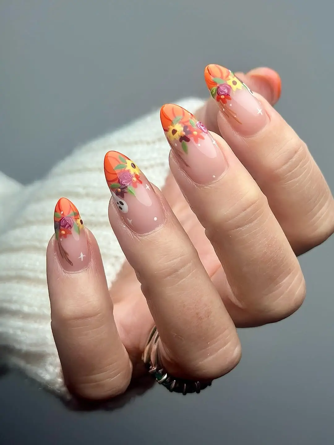 fall long nails 2026 Colorful Floral Tips With an Early Fall Twist