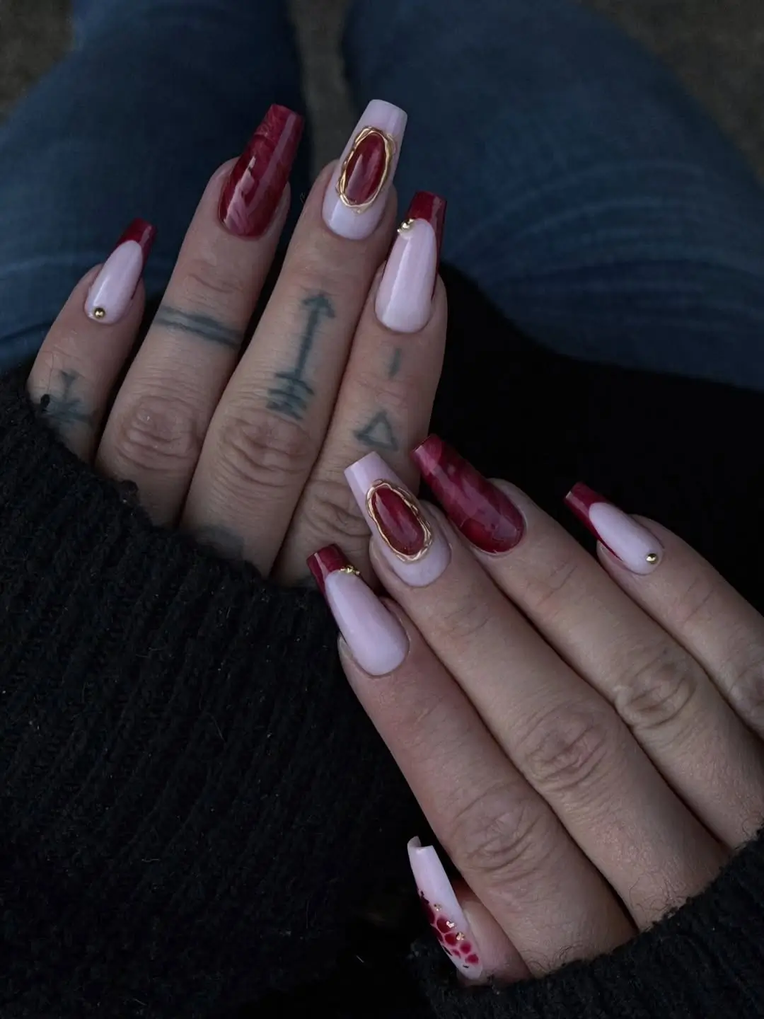 fall long nails 2026 Berry Red and Gold Framed Statement Nails