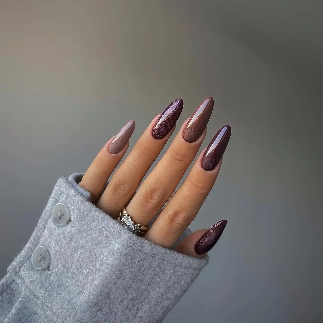 fall long nails 2026 Plum and Mocha Shimmer Almond Nails