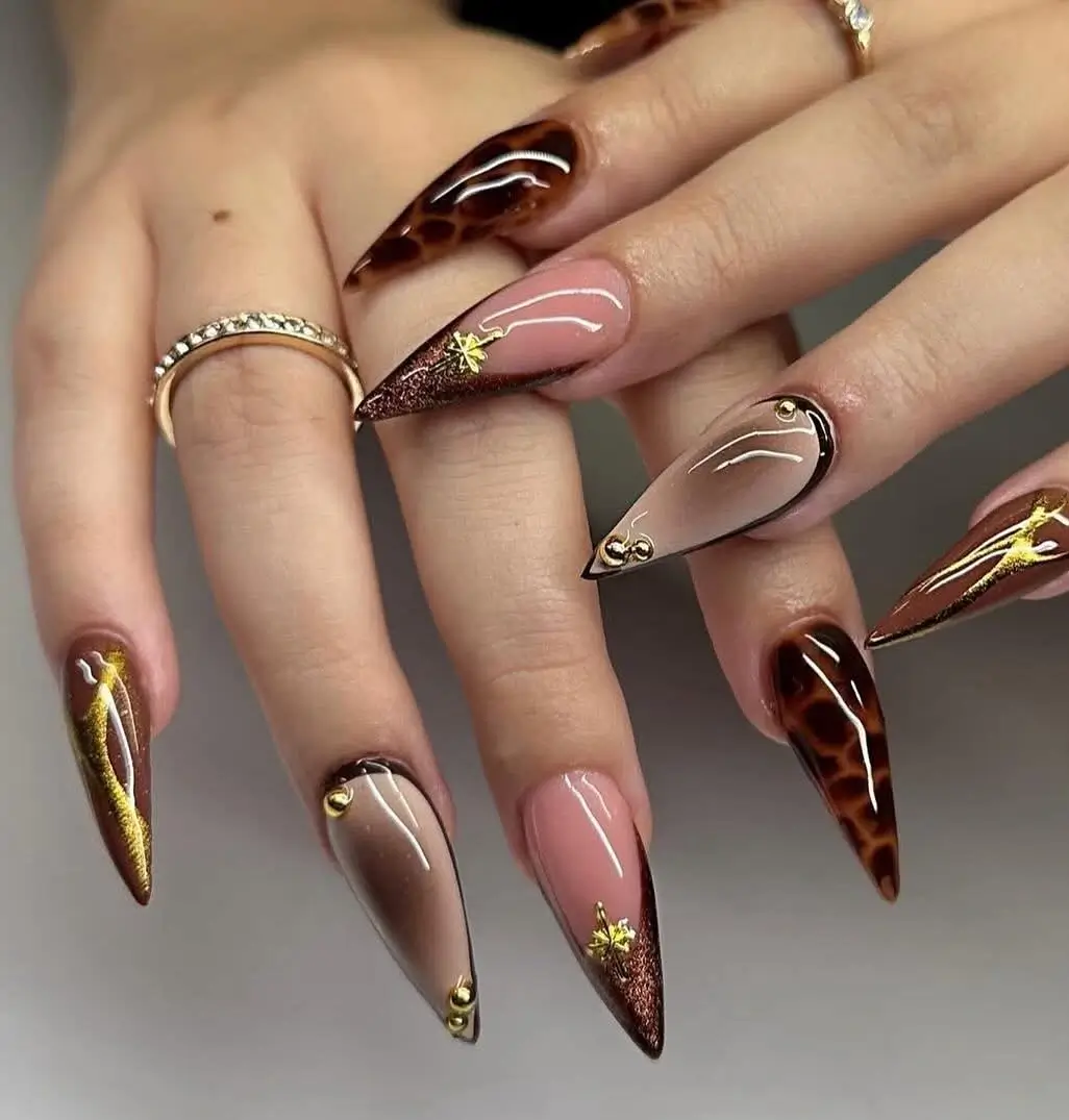 fall long nails 2026 Chocolate Leopard Tips With Golden Glitter