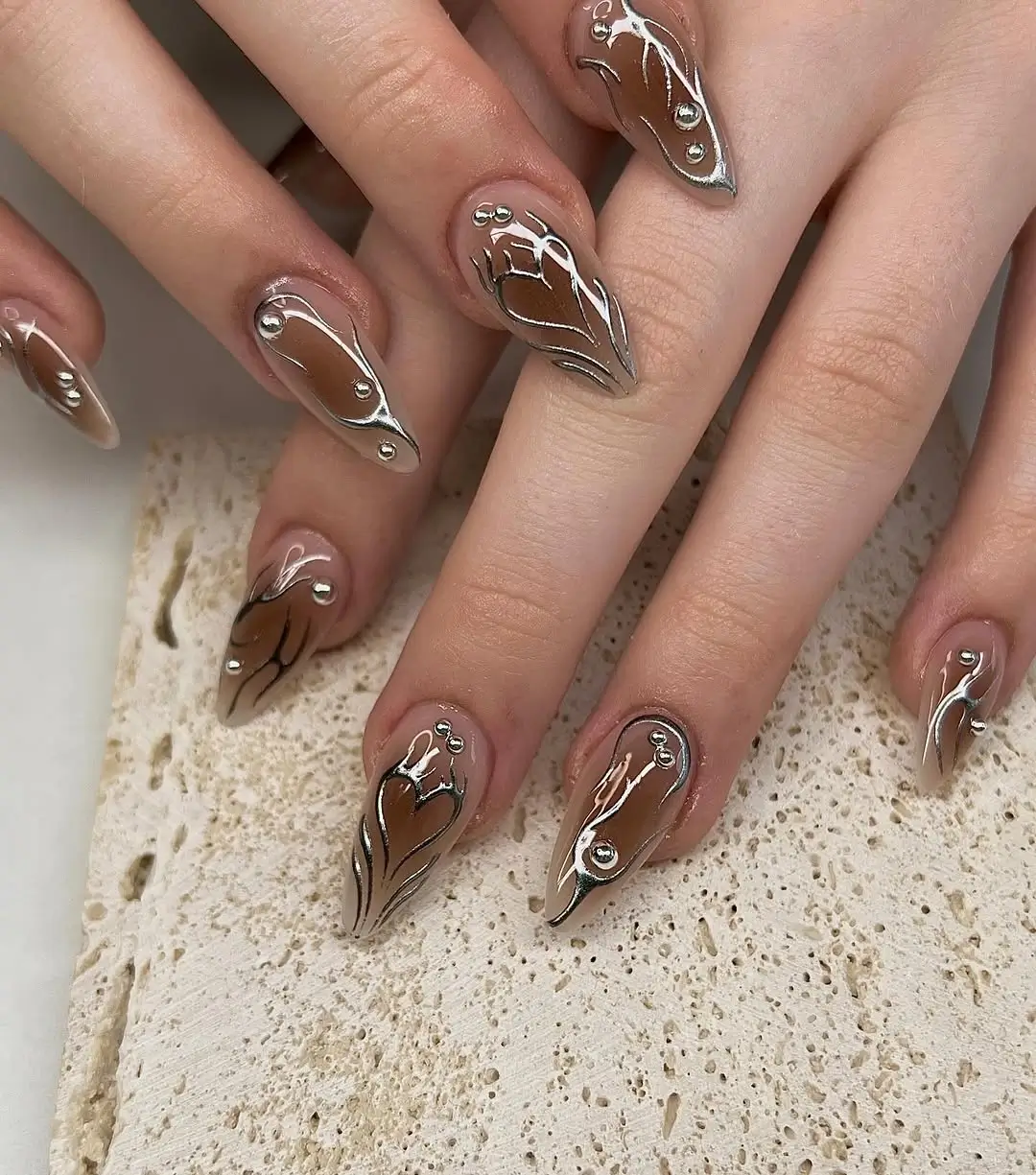 fall long nails 2026 Chocolate Chrome Details With Silver Embellishments