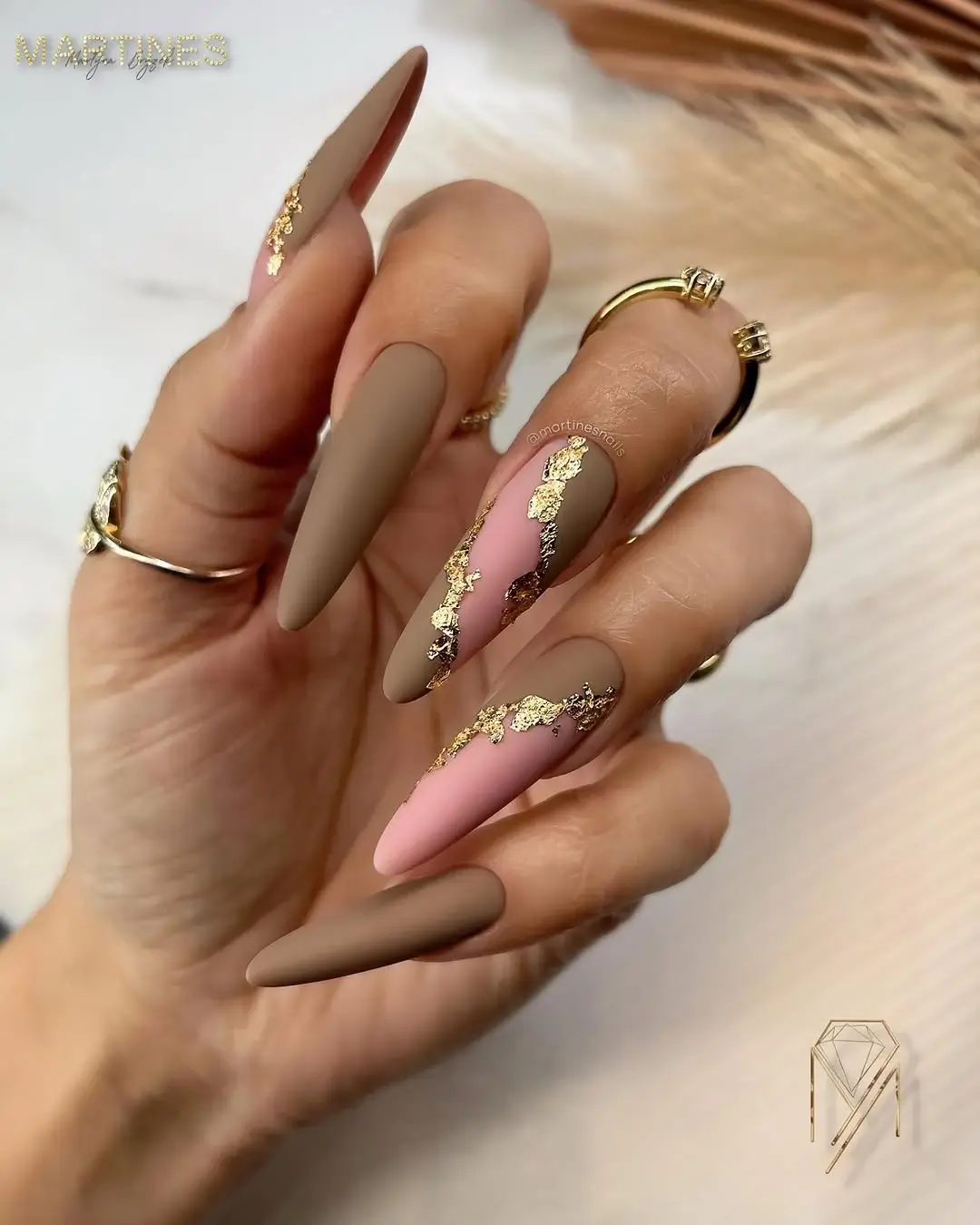fall long nails 2026 Matte Taupe and Rose With Gold Foil