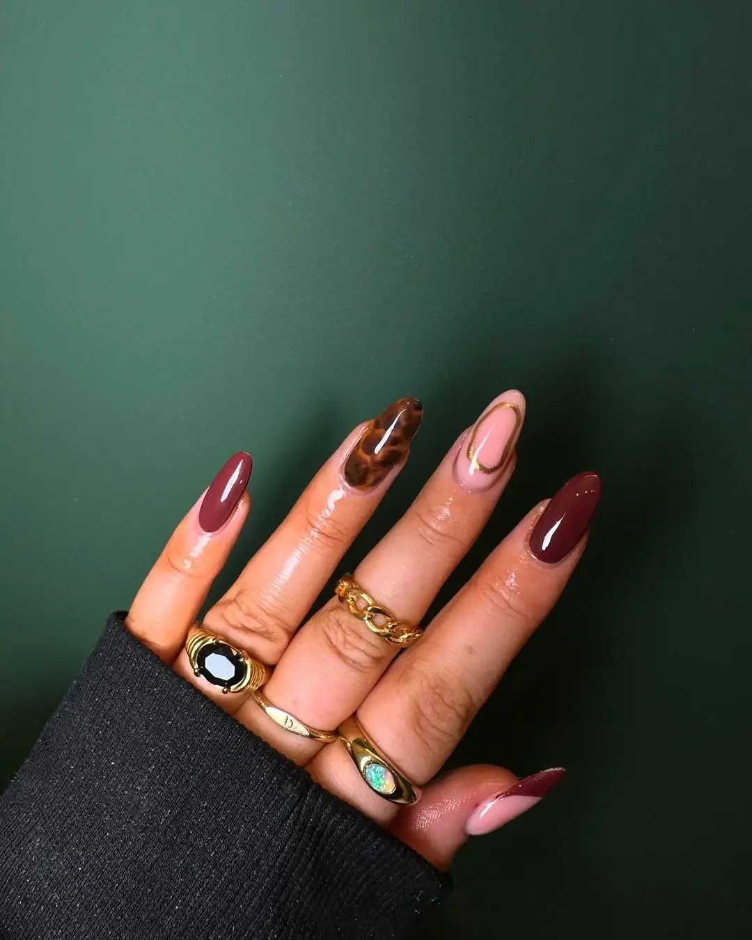 fall long nails 2026 Deep Burgundy and Tortoiseshell Almond Nails