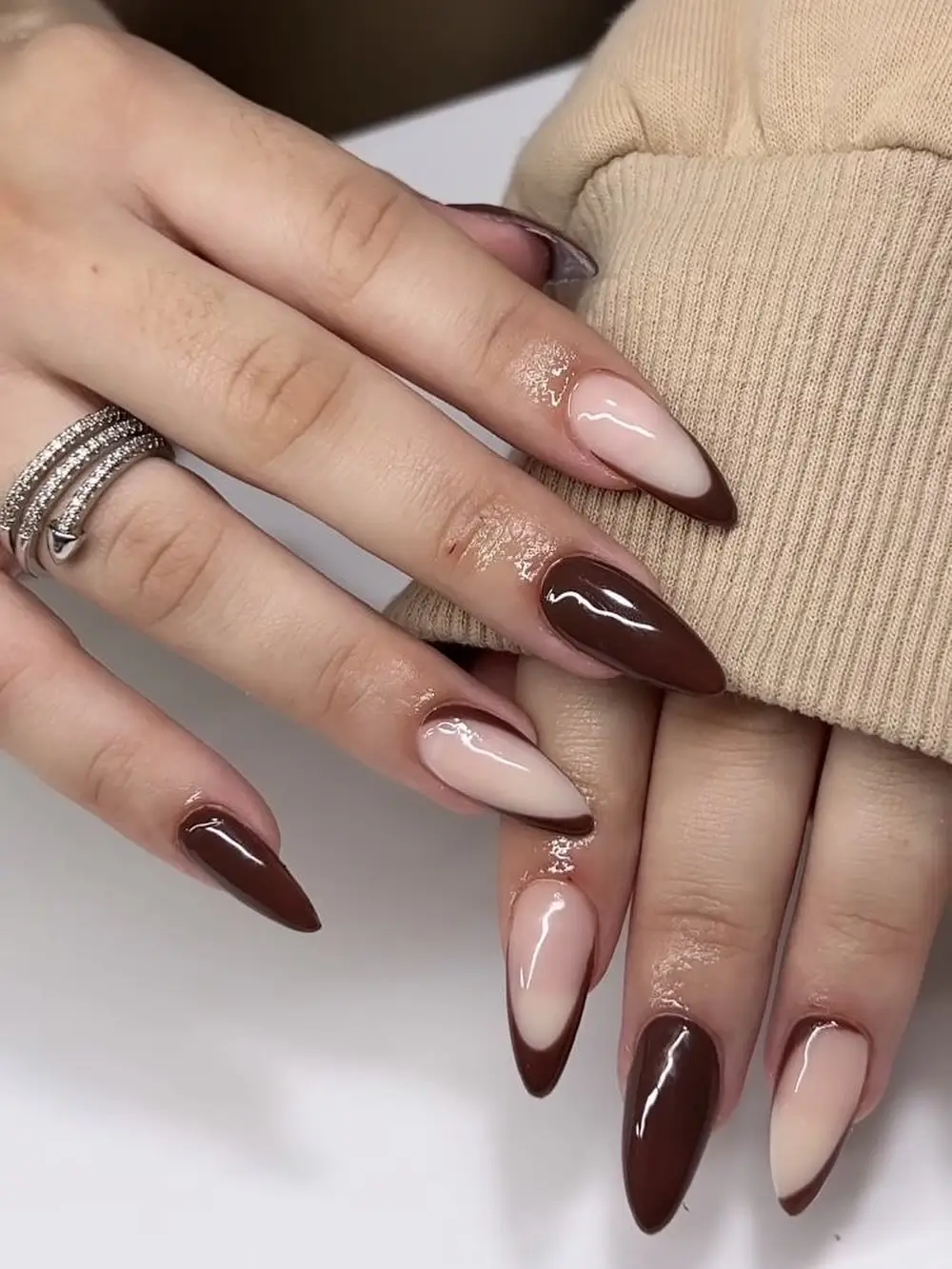fall long nails 2026 Chocolate Brown Almond Nails With a Soft French Contrast