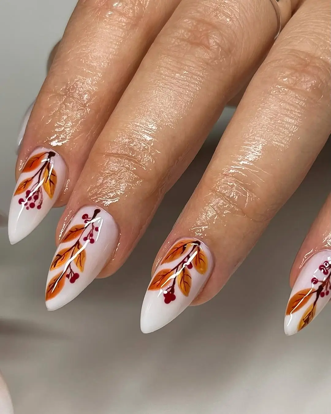 fall long nails 2026 Autumn Botanical Leaves on Milky Almond Nails