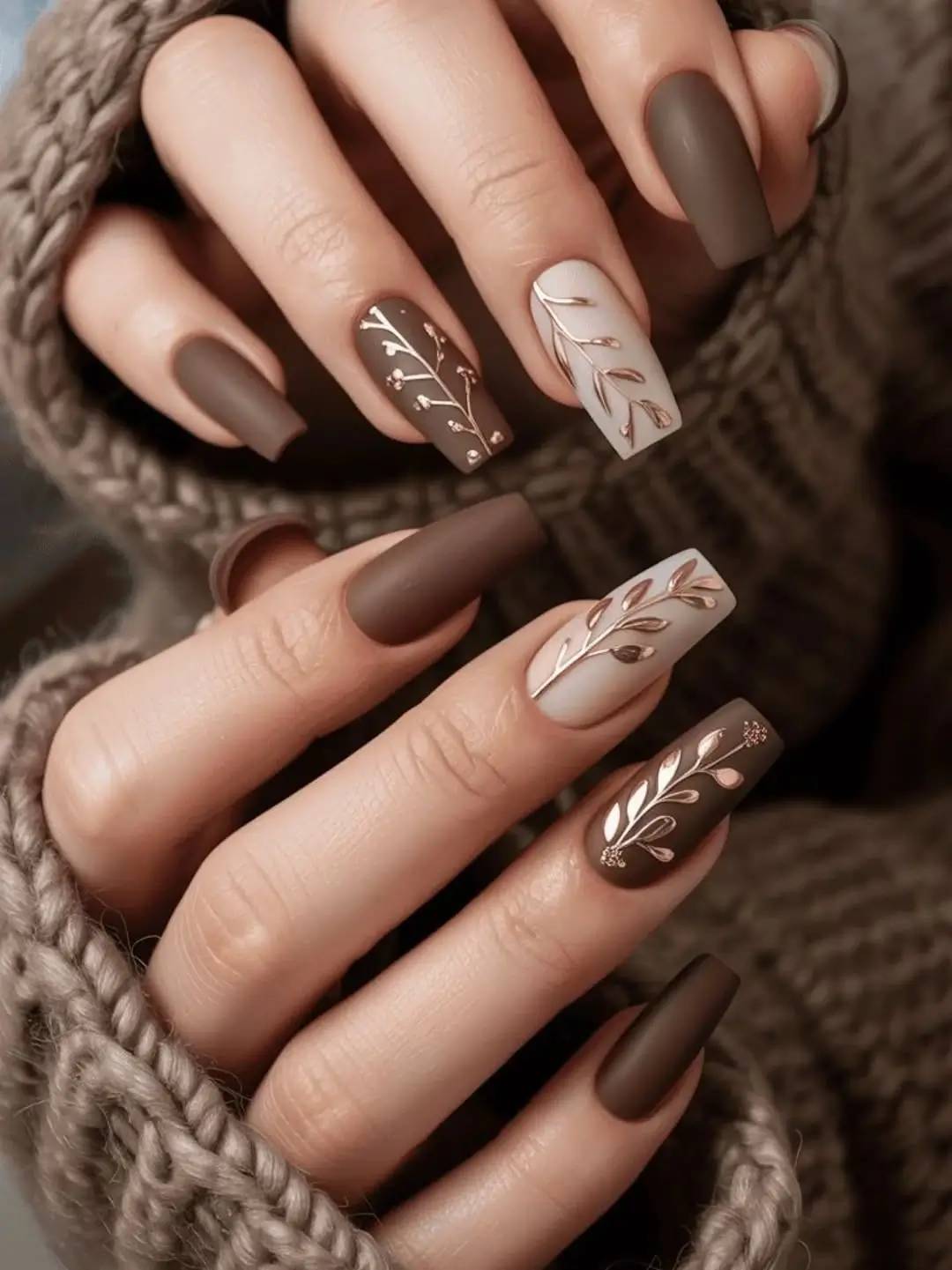 fall long nails 2026 Mocha Botanical Nails for Cozy Autumn Days