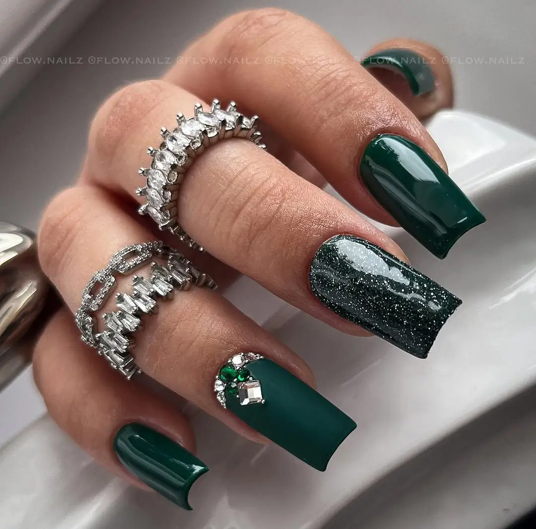 fall long nails 2026 Emerald Green Glamour With Crystal Accents