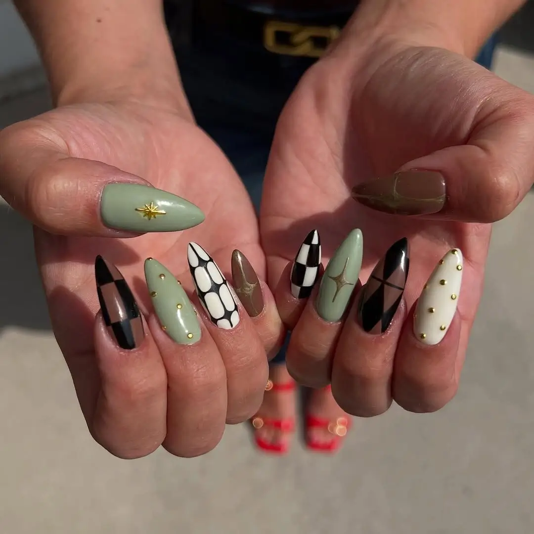 fall long nails 2026 Olive Green and Black Graphic Autumn Nails