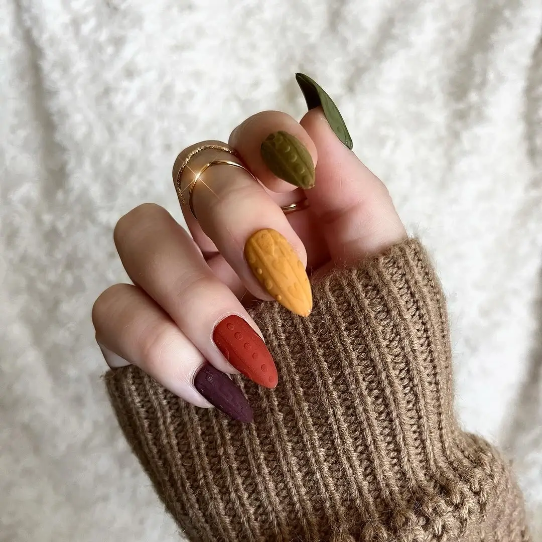 fall long nails 2026 Burnt Orange and Mustard With Cozy Knit Texture