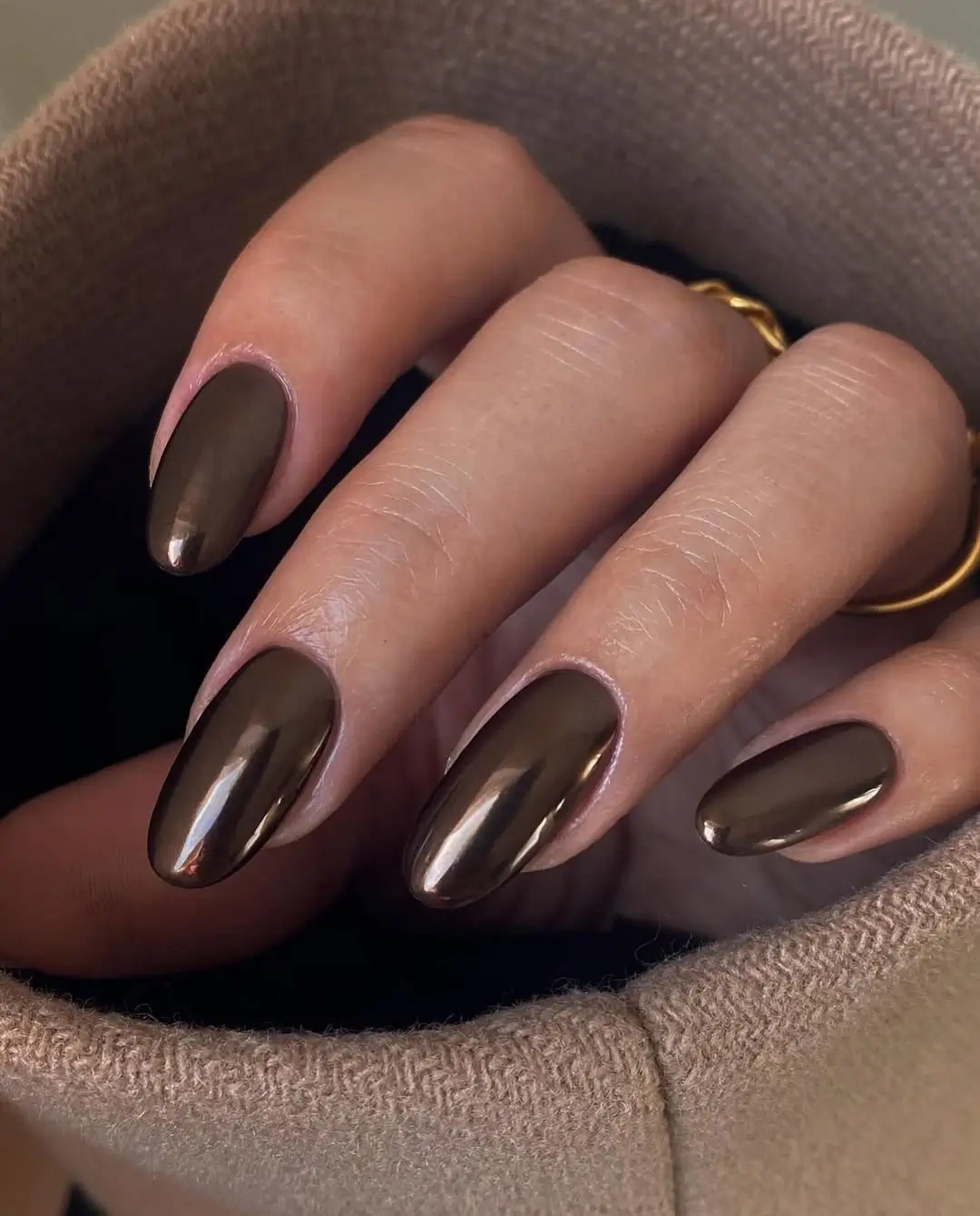 Fall manicure ideas 2026 Deep Olive Brown Nails With a Glossy Luxe Finish