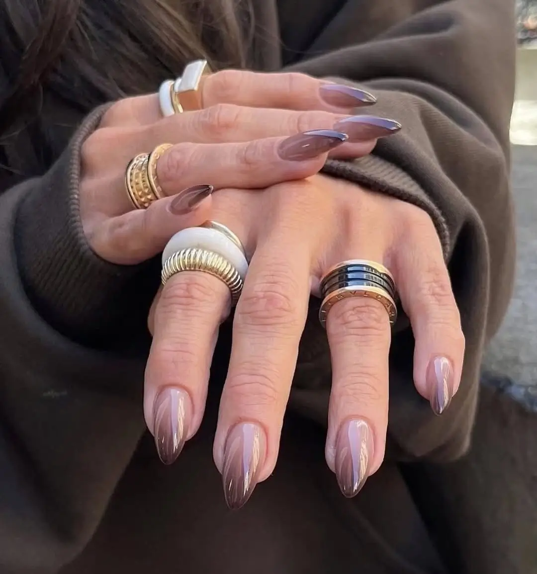 Fall manicure ideas 2026 Smoky Ombre Almond Nails With Minimal Luxury
