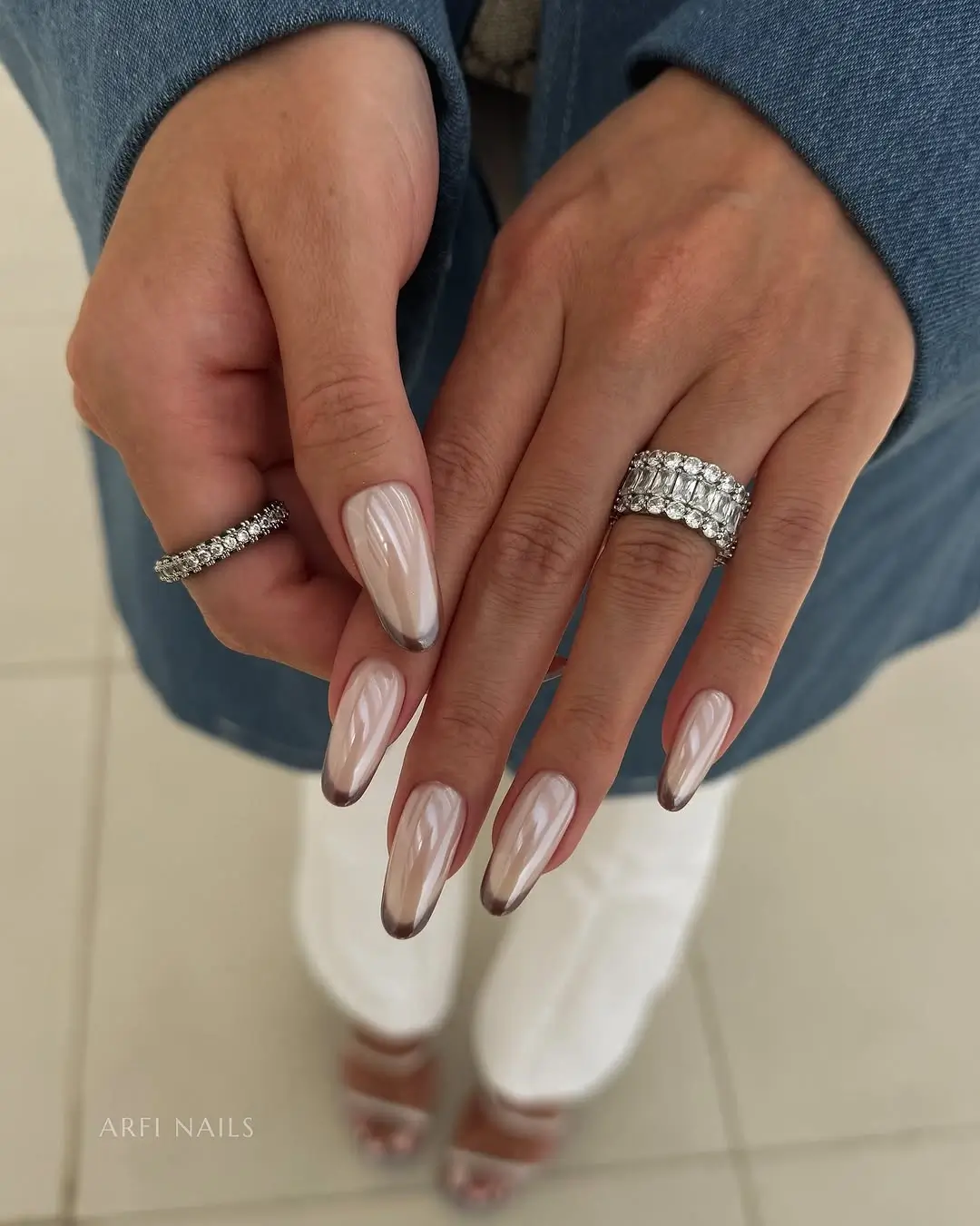 Fall manicure ideas 2026 Smoky Chrome Almond Nails With Modern Elegance
