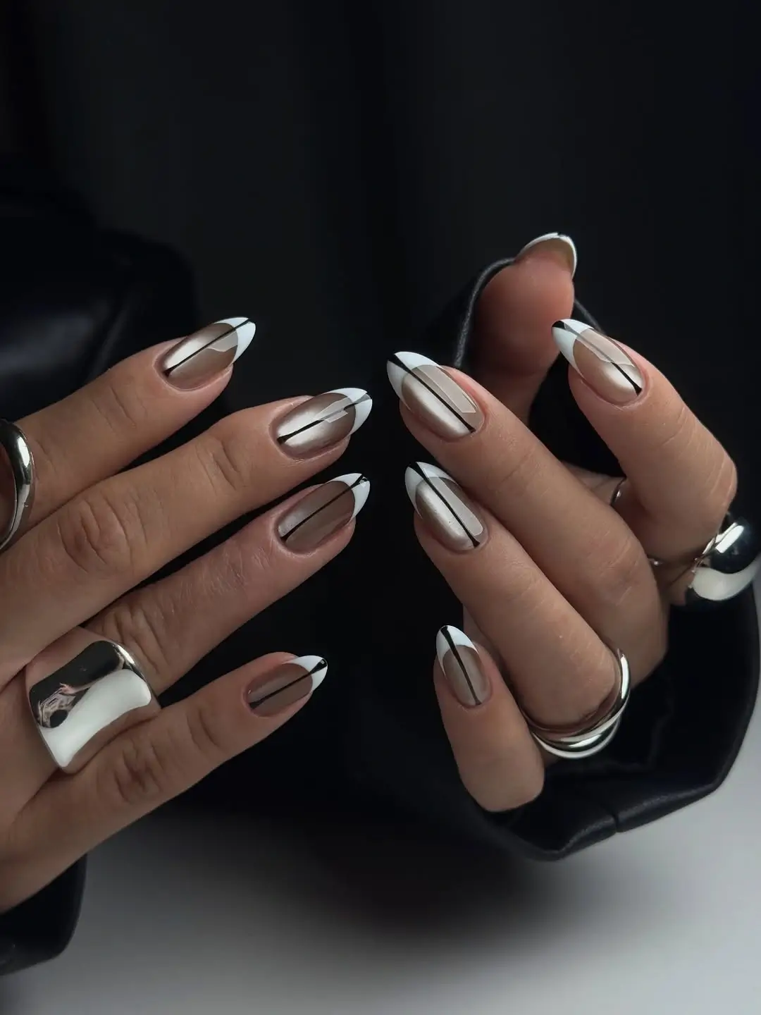 Fall mid length nails 2026 Graphic French Tips with Modern Black Line Details