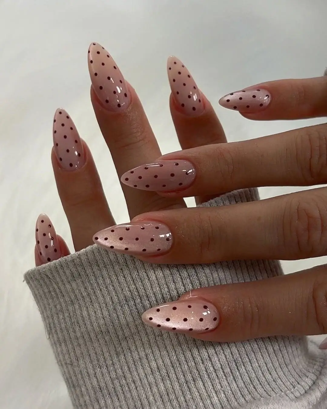 Fall mid length nails 2026 Soft Blush Polka Dot Nails with Playful Autumn Charm