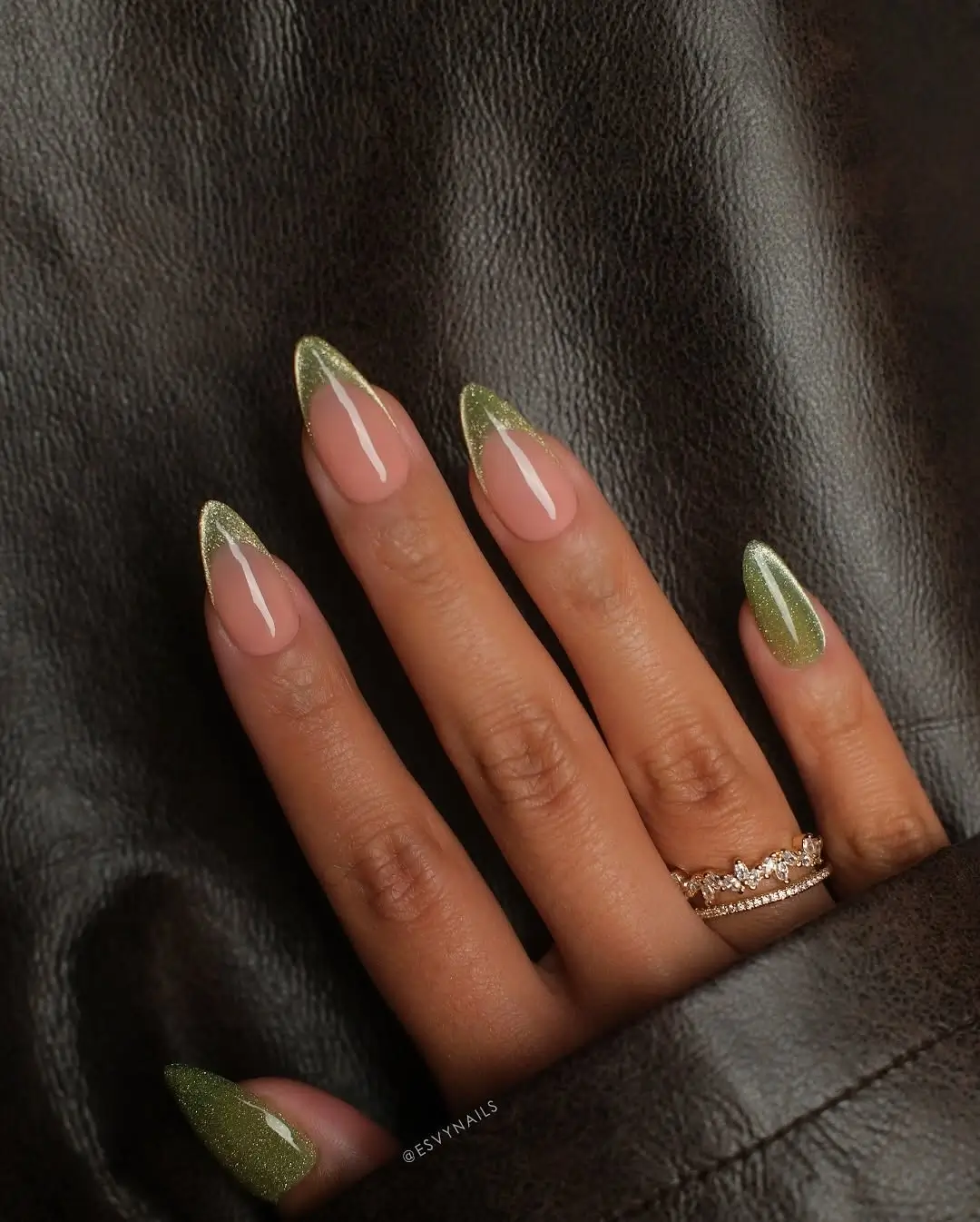 Fall mid length nails 2026 Olive Green Glitter French Tips with Seasonal Sparkle