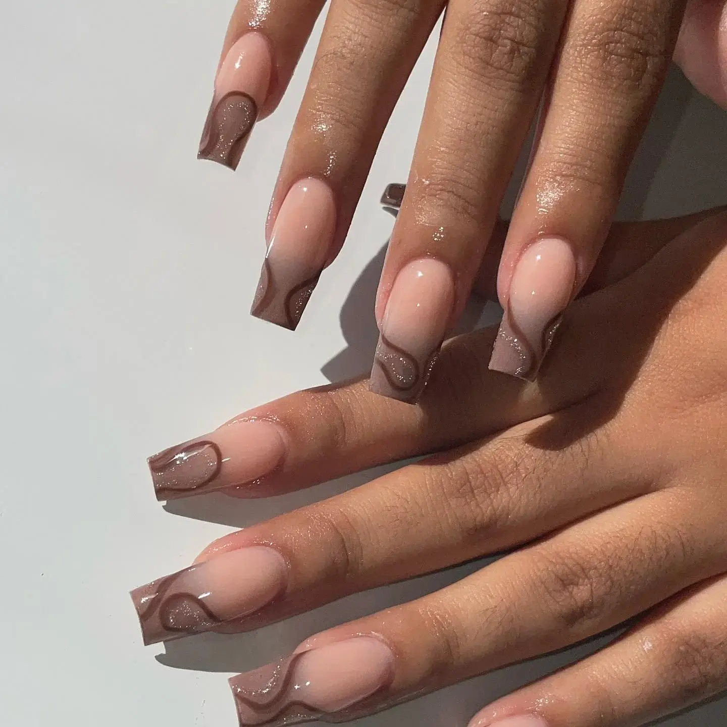 Fall mid length nails 2026 Abstract Mocha Waves on Modern Square Nails