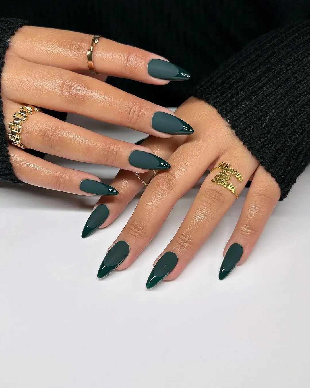 Fall mid length nails 2026 Forest Green Matte Nails with Glossy French Accents