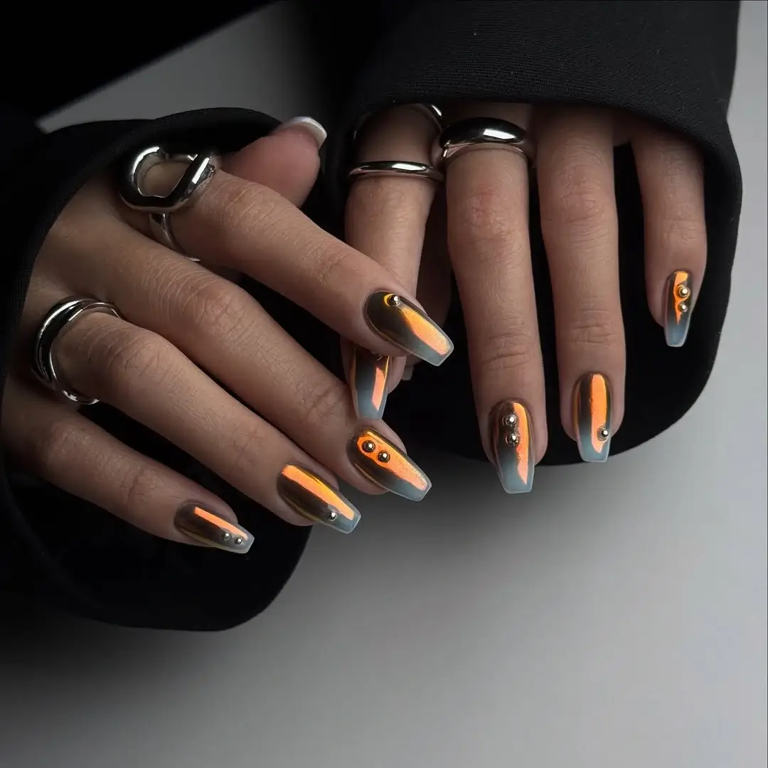 Fall mid length nails 2026 Smoky Chrome Square Nails with a Futuristic Edge