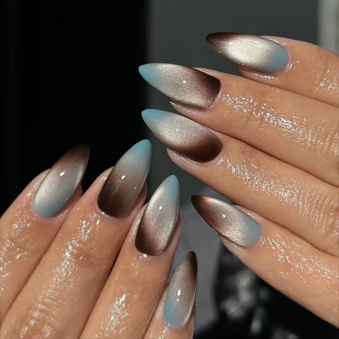 Fall mid length nails 2026 Cool Blue and Mocha Aura Nails for Modern Fall Style