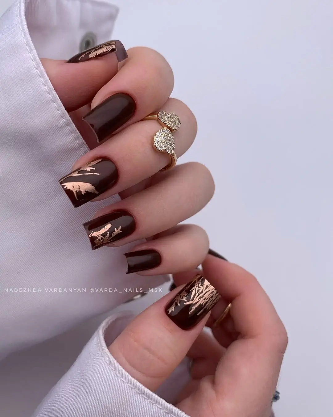 Fall nail designs for office 2026 Chocolate Espresso Nails with Delicate Gold Botanical Accents