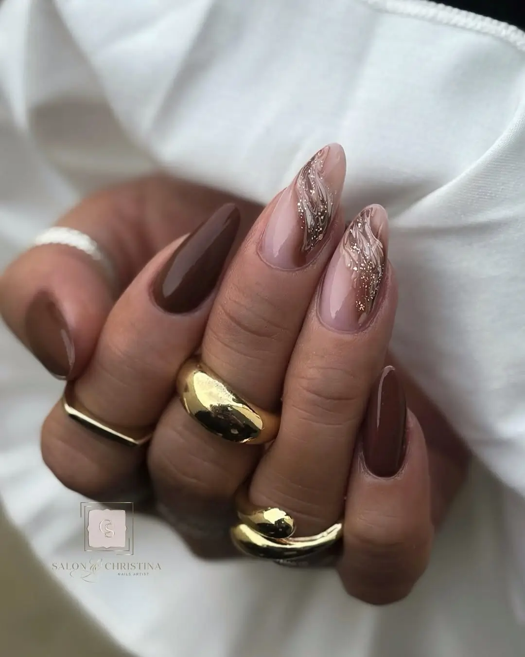 Fall nail designs for office 2026 Soft Cocoa Nails with Delicate Champagne Glitter Details