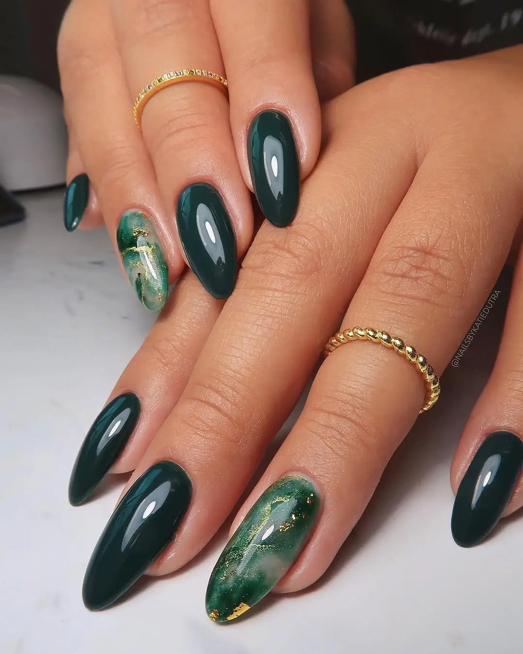 Fall nail designs for office 2026 Emerald Marble Nails with Luxurious Gold Veins