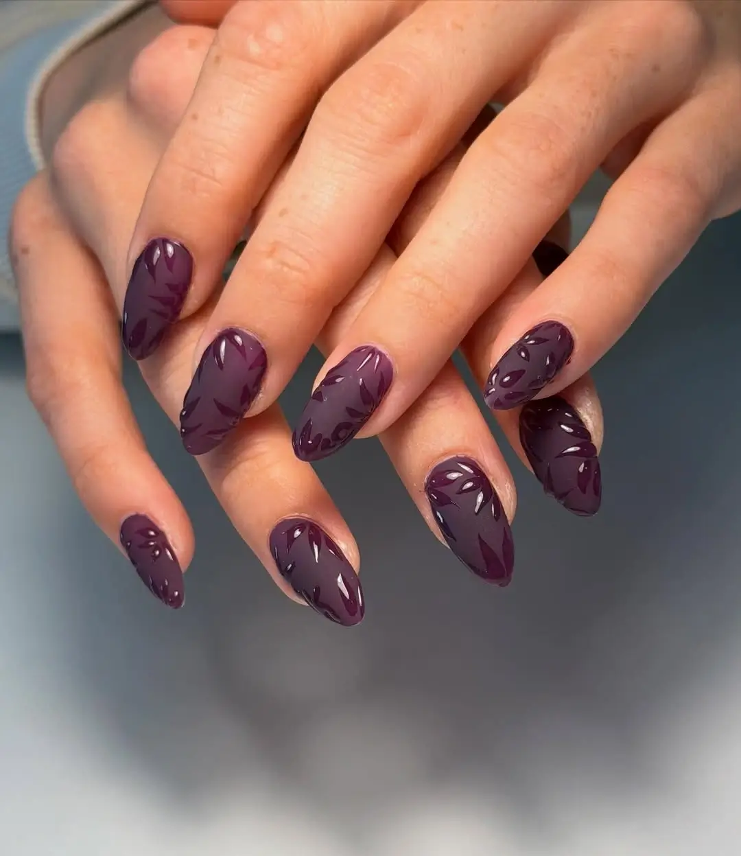 Fall nail designs for office 2026 Deep Plum Botanical Nails with Glossy Dimension