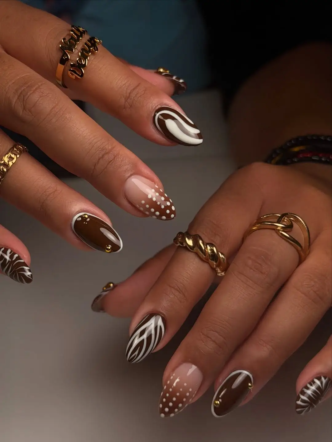 Fall nail designs for office 2026 Mocha Abstract Nails with Modern Graphic Details
