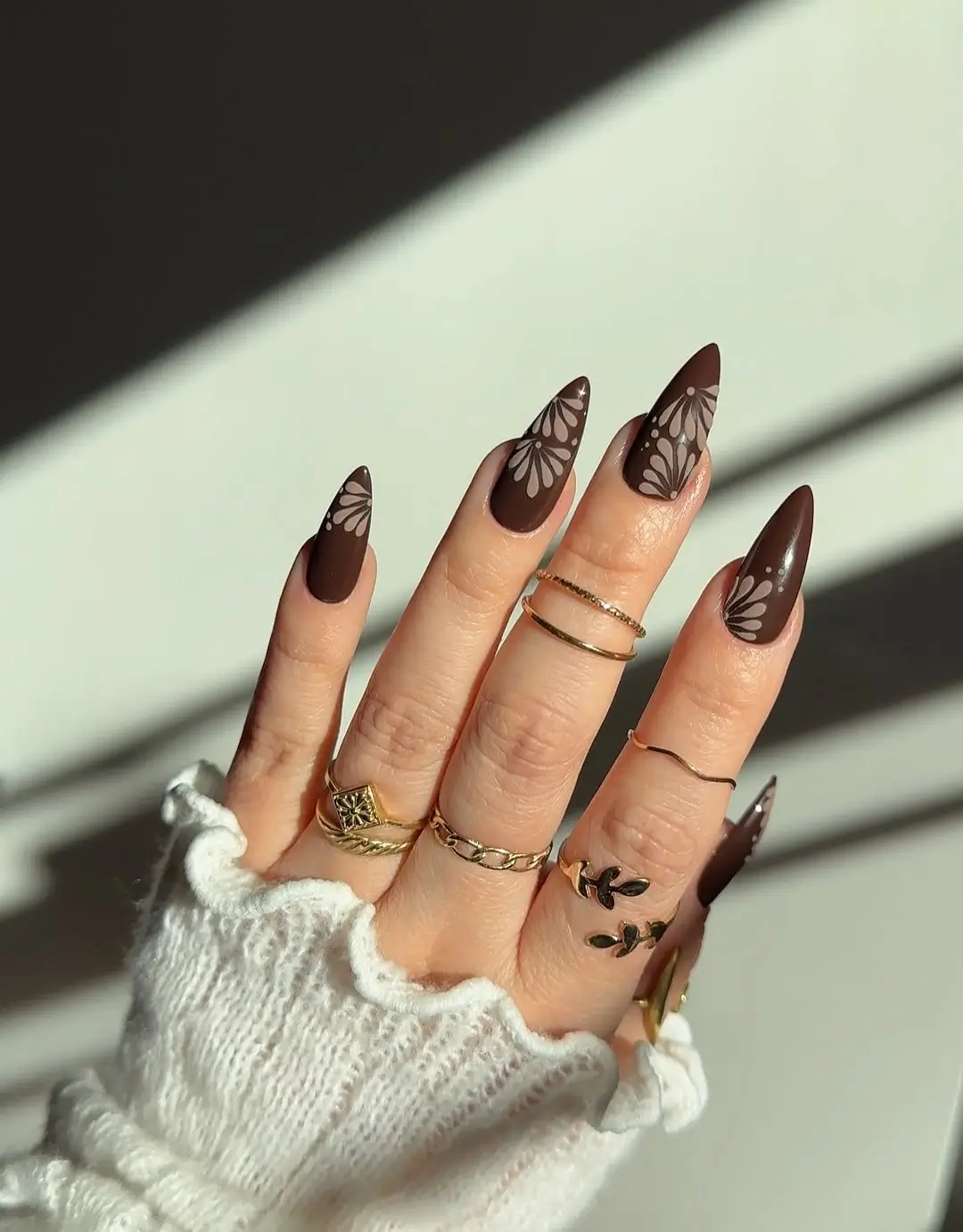 Fall nail designs for office 2026 Espresso Floral Nails with Soft Botanical Elegance