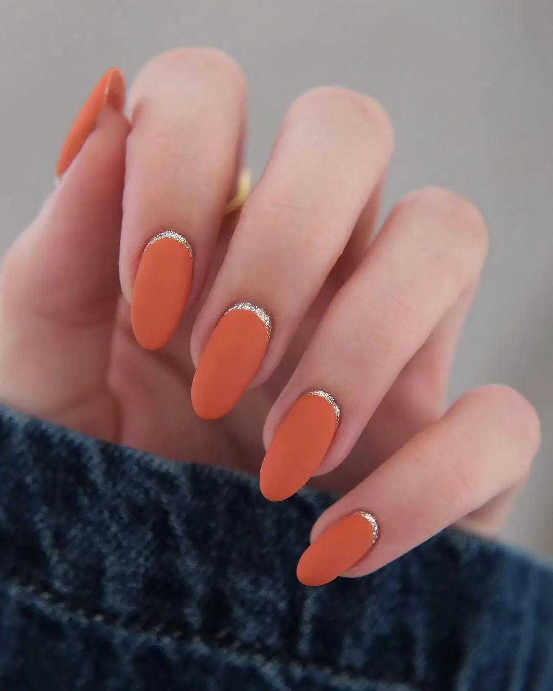 Fall nail designs for office 2026 Matte Terracotta Nails with Delicate Gold Half Moons