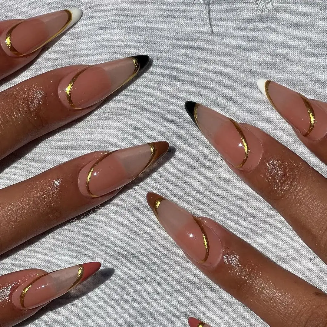 Fall nail designs for office 2026 Minimalist Office Siren French with Gold Curved Lines