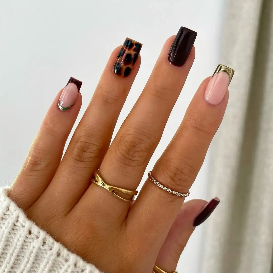 fall nail designs square shape 2026 Chocolate and Tortoiseshell Accents with Metallic French Details