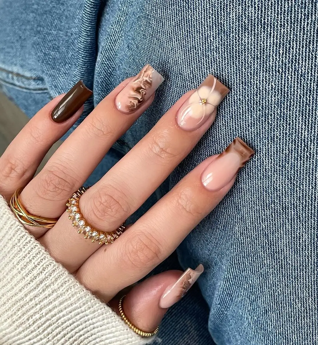 fall nail designs square shape 2026 Soft Floral Latte Nails with Elegant Marble Accents