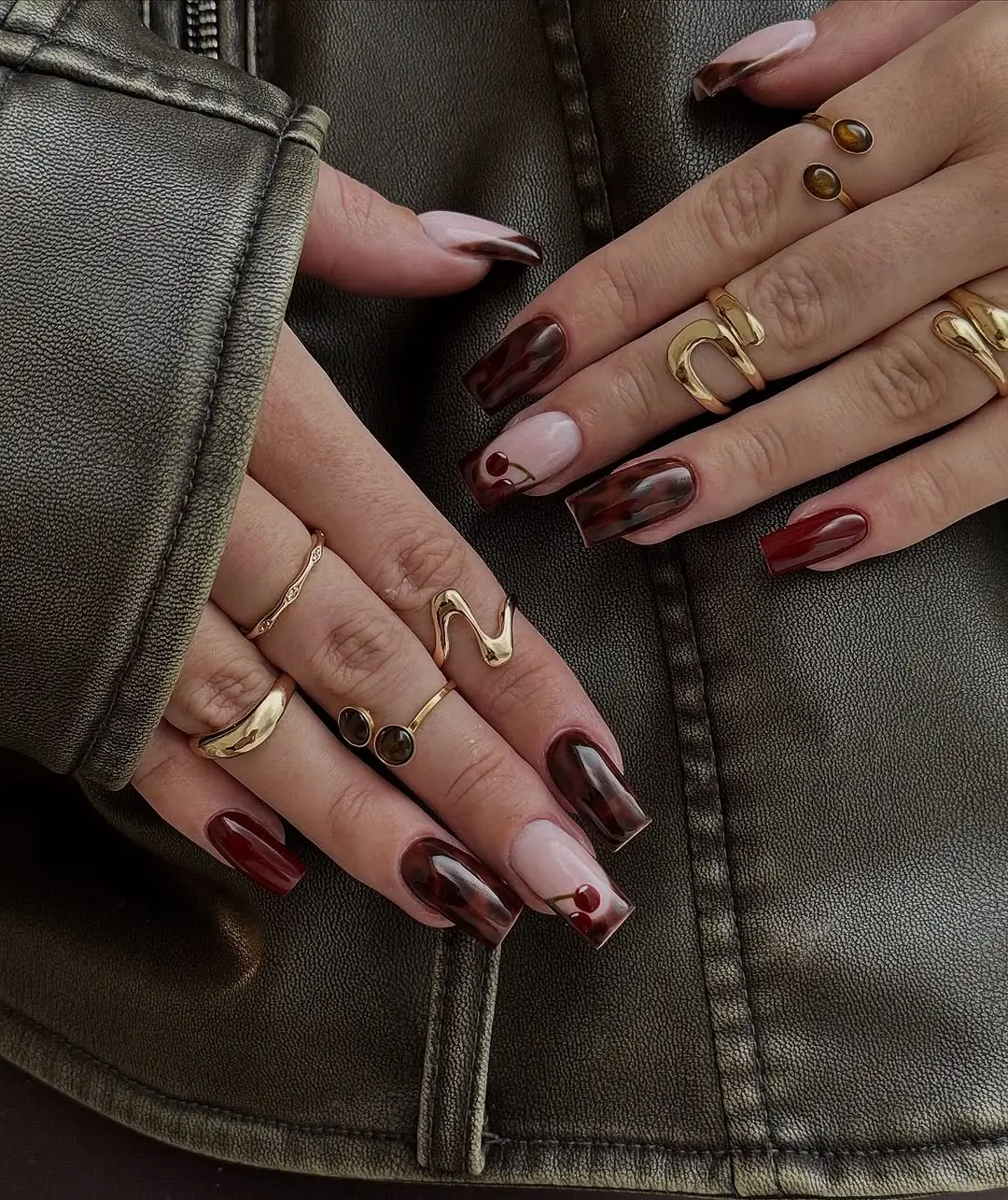 fall nail designs square shape 2026 Dark Cherry Glass Nails with Modern Abstract Accents