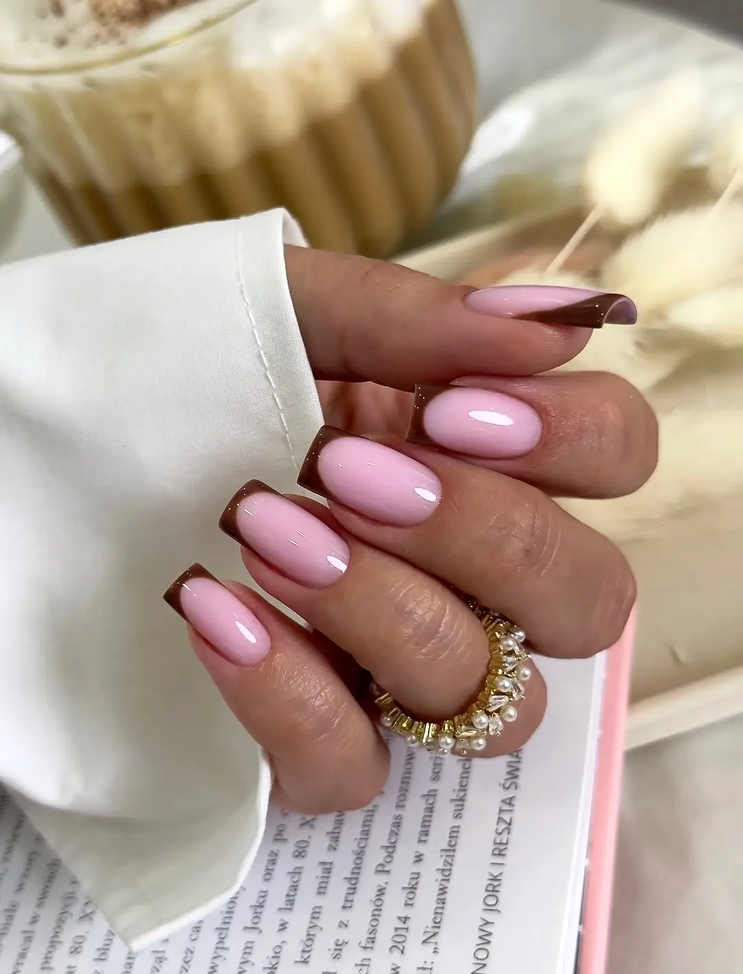 fall nail designs square shape 2026 Soft Pink French Tips with Rich Cocoa Edges