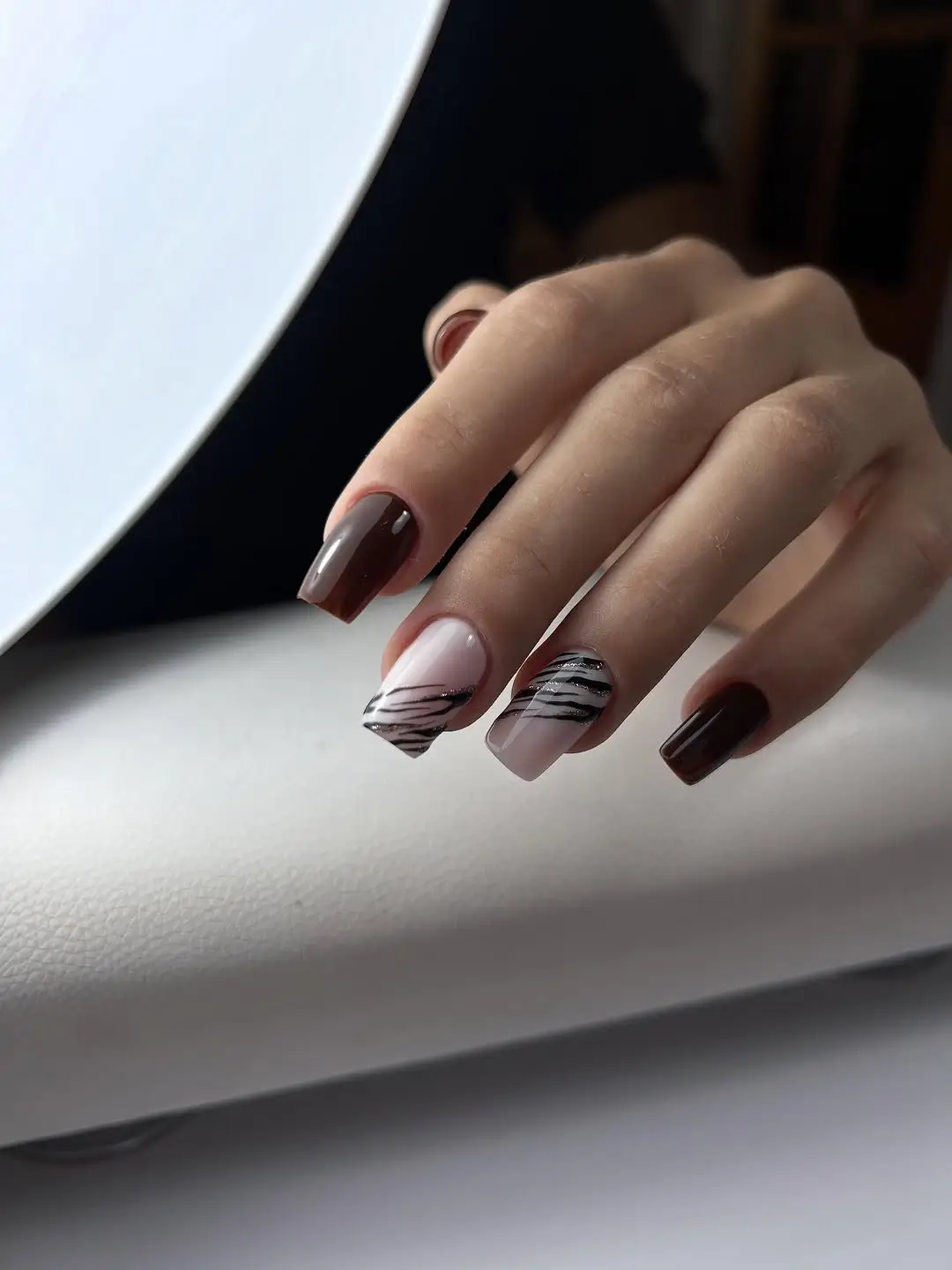 fall nail designs square shape 2026 Mocha Zebra Accents with Chic Espresso Contrast