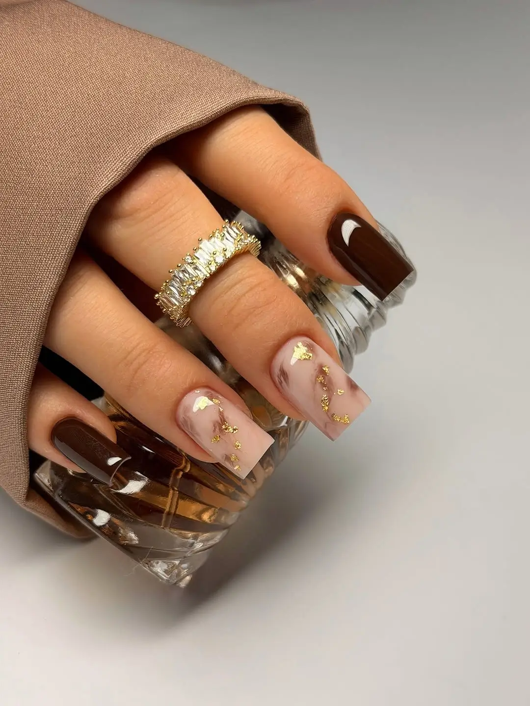 fall nail designs square shape 2026 Chocolate Marble Nails with Delicate Gold Leaf Details