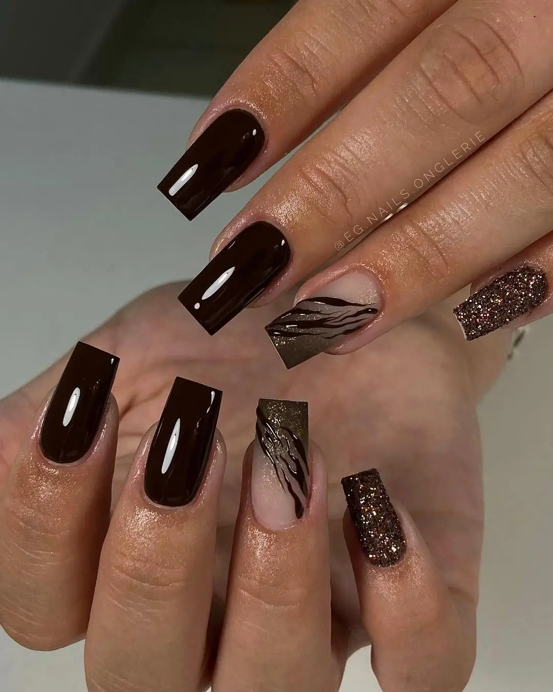 fall nail designs square shape 2026 Rich Espresso Nails with Smoky Marble Accents