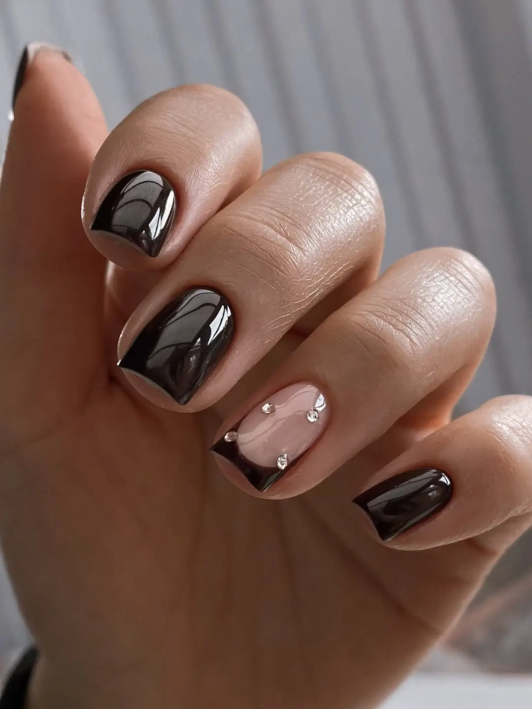 fall nail designs square shape 2026 Black French Glam with Crystal Details