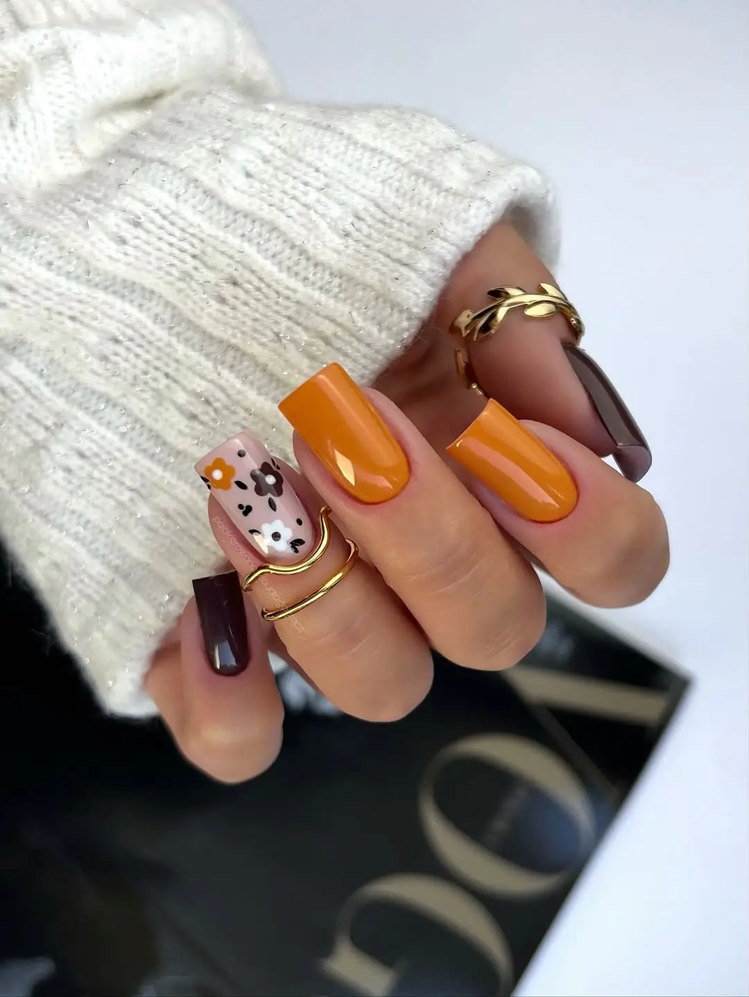 fall nail designs square shape 2026 Warm Pumpkin Orange Meets Playful Floral Details