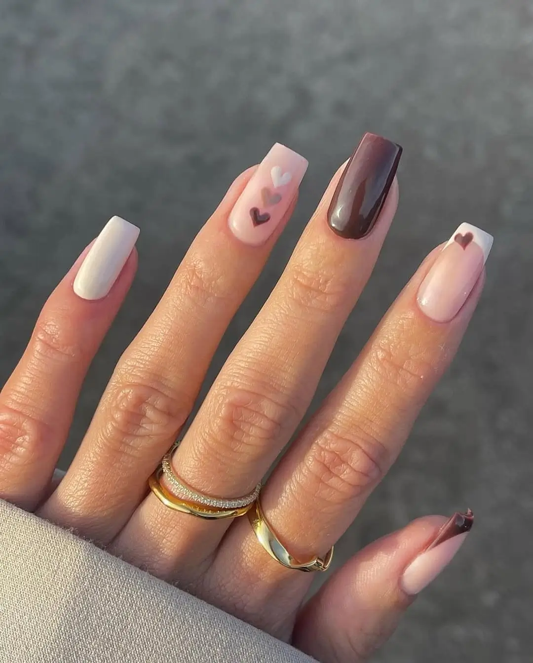 fall nail designs square shape 2026 Minimal Hearts with Rich Espresso Accents