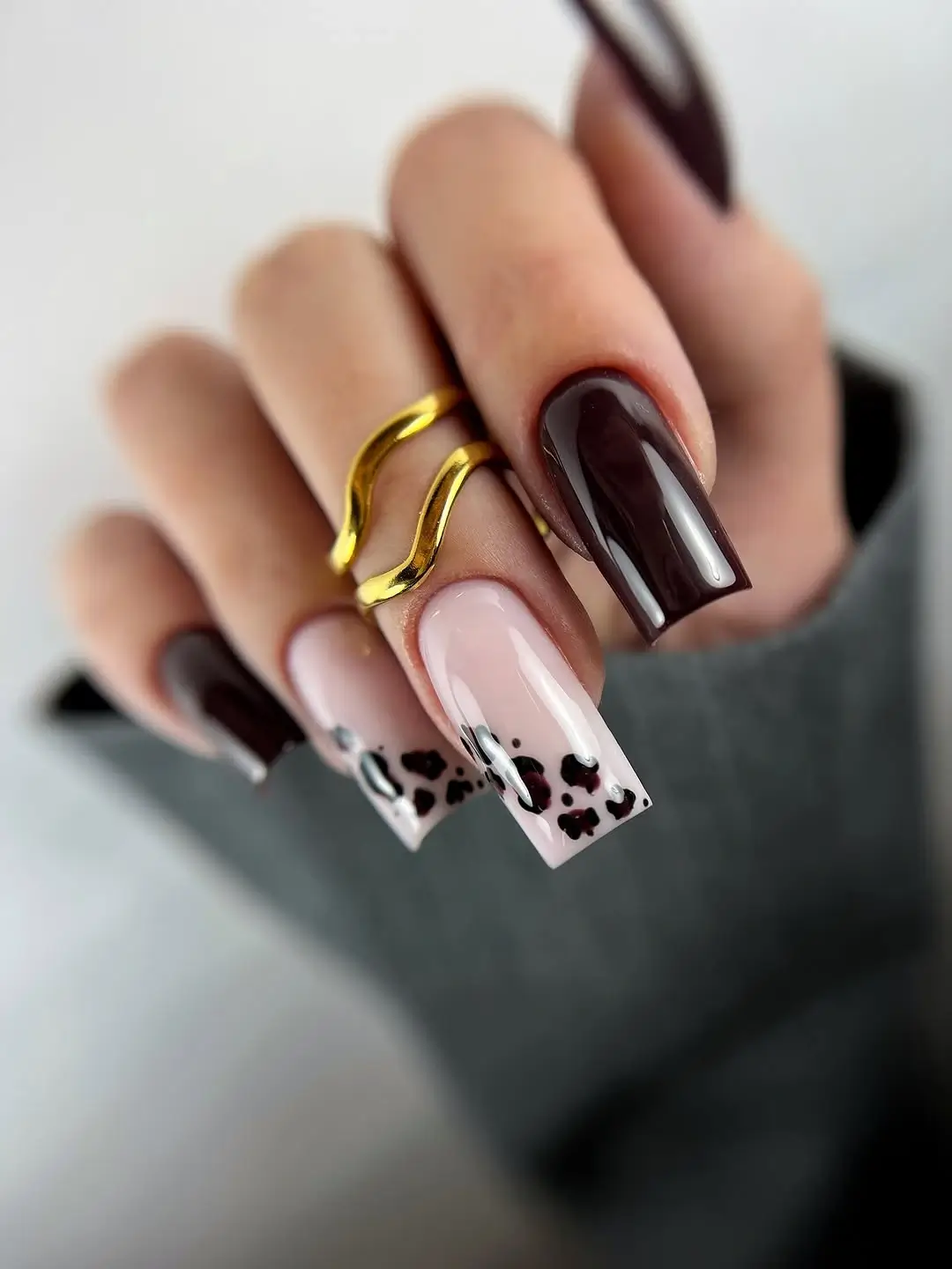 fall nail designs square shape 2026 Glossy Chocolate Nails with Modern Leopard Accent Art