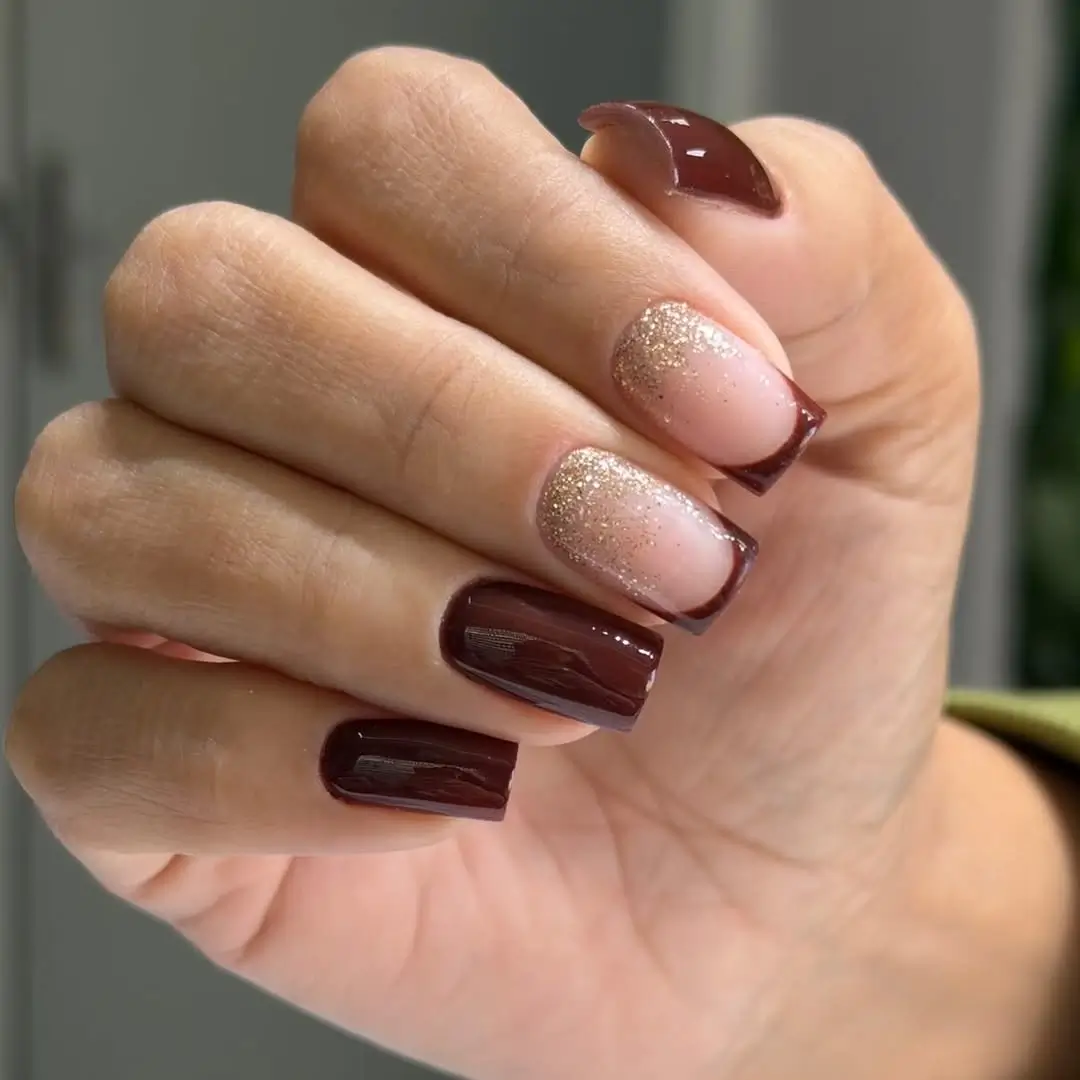 fall nail designs square shape 2026 Chocolate Glitter French Nails That Sparkle Without Overdoing It