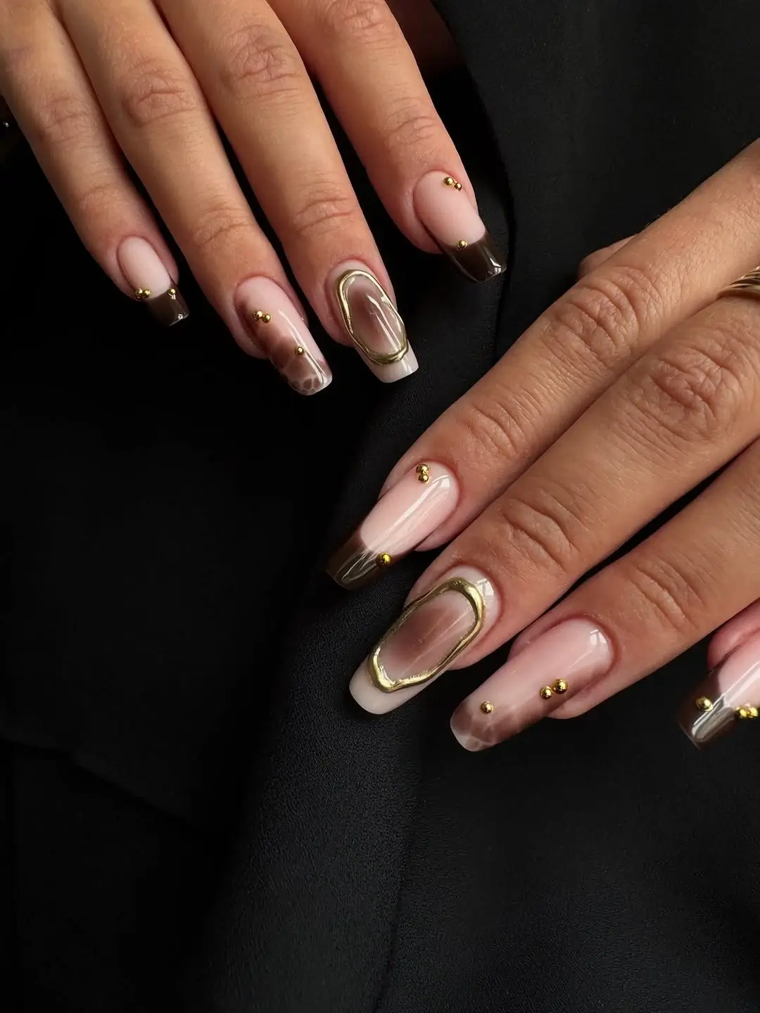 fall nail designs square shape 2026 Smoky Brown French with Gold Details for Elevated Fall Style