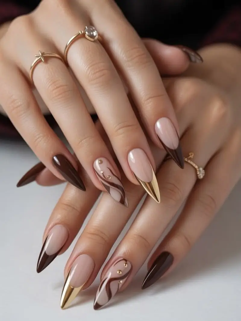 Fall Nail Inspiration 2026 Chocolate French Stiletto Nails with Golden Details