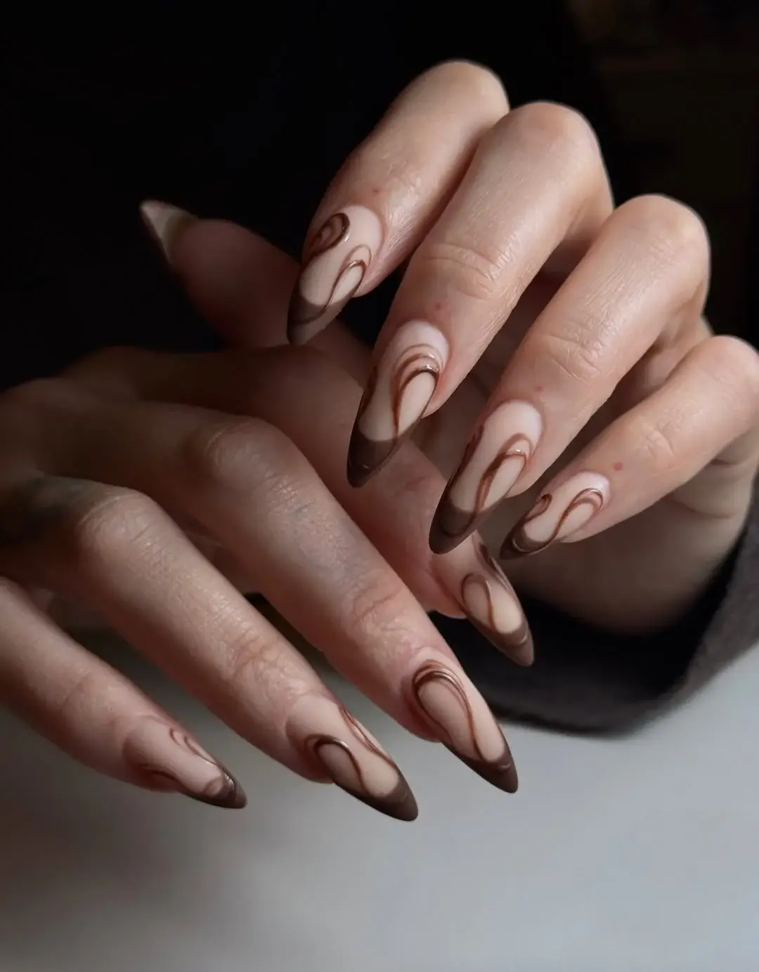 Fall Nail Inspiration 2026 Chocolate Swirl French Nails with Modern Minimalist Lines