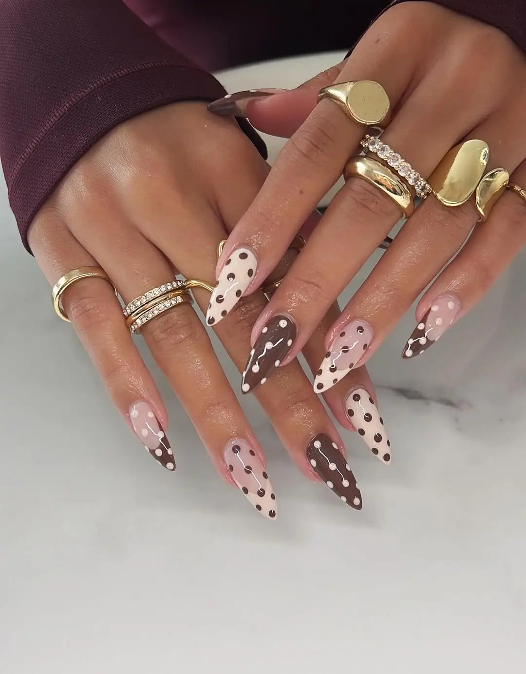 fall nail trends 2026 Playful Chocolate Polka Dot Nails with Retro Charm